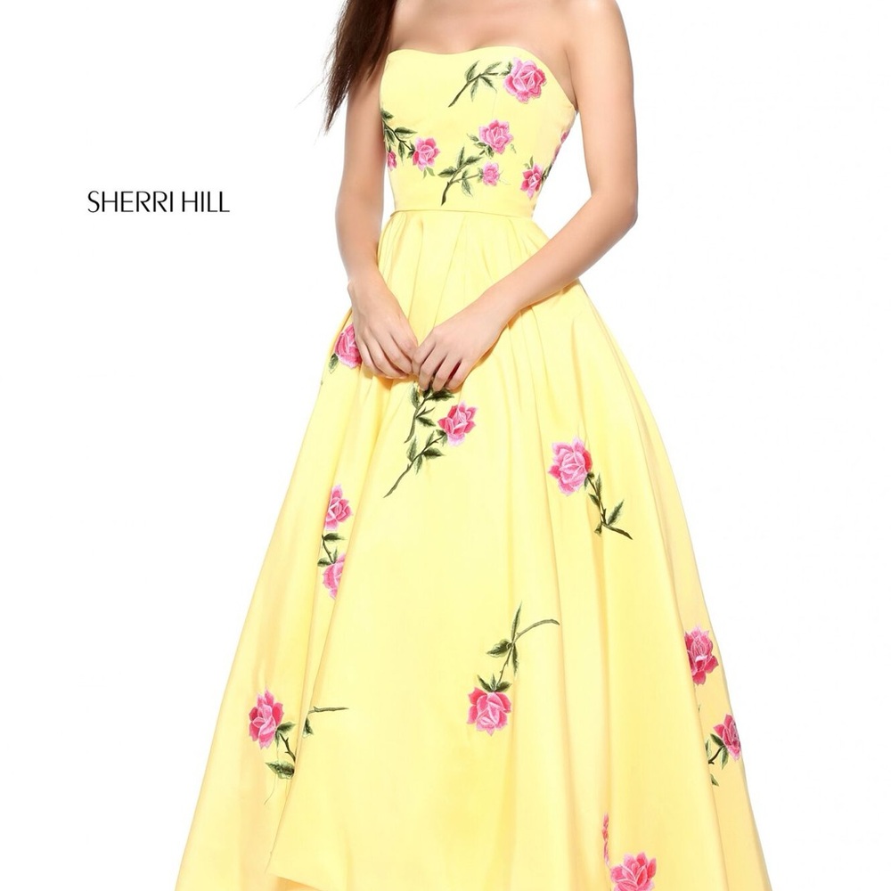 Sherri Hill Light Pink and Fuchsia Flower High Low